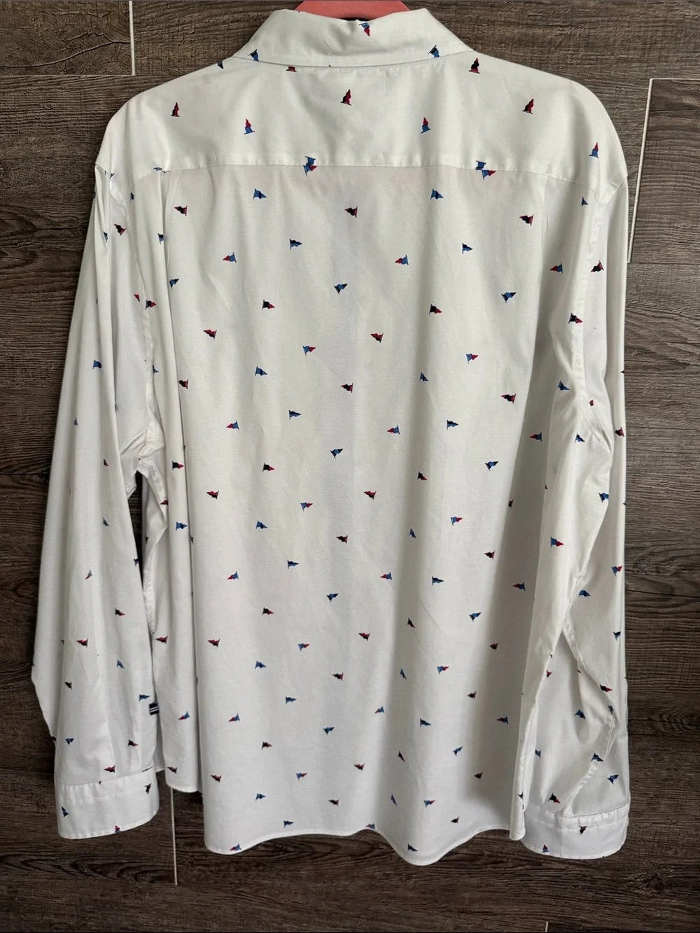 Nautica White Long-Sleeve Button-Down Shirt with Blue & Red Micro Flags